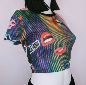 24HRS by Lip Service Fvck Yeah! Bright Lights and Lips Crop Top Size Small